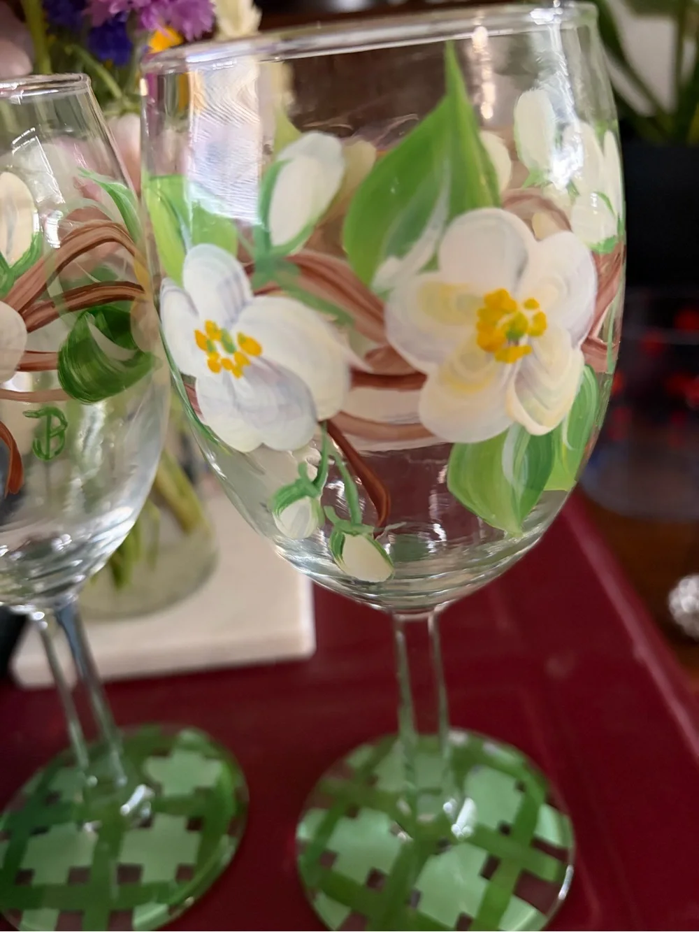 Hand-Painted Floral Wine Glasses in Green